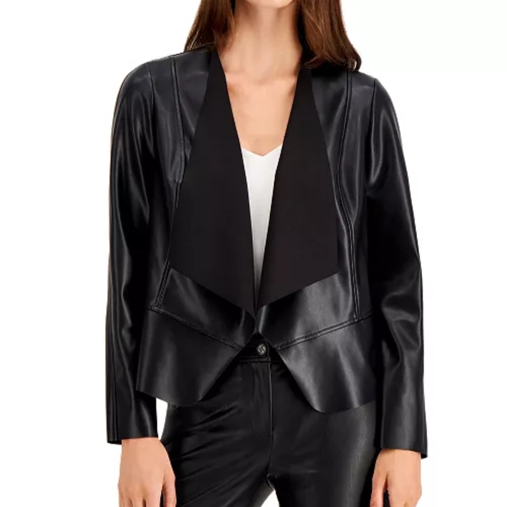Anne Klein Black Open-Front Faux Leather Jacket